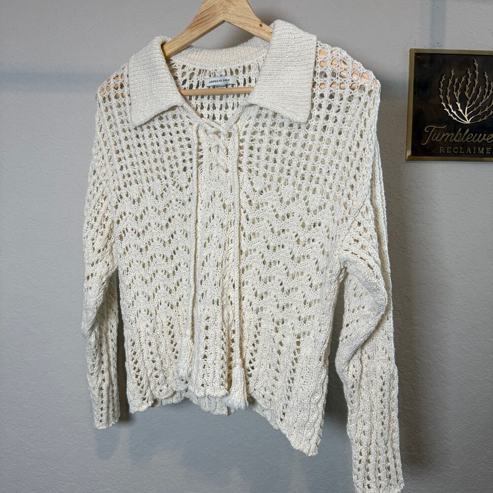 Women's American Eagle Cream Crochet Long Sleeve Collared‎ Sweater Size XS